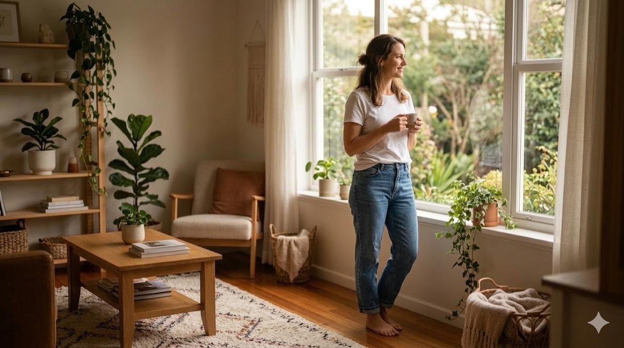 Mulher em casa, em um ambiente acolhedor e saudável