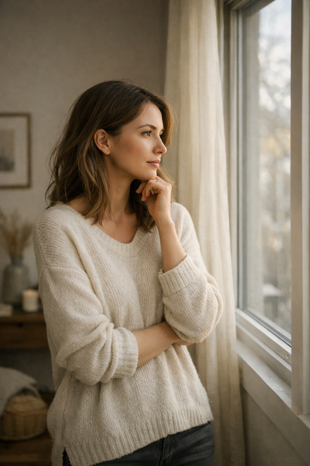 Mulher olhando pela janela refletindo